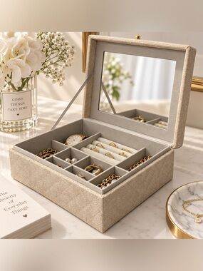 Linen-Effect Beige Jewelry Organizer Box with Mirror